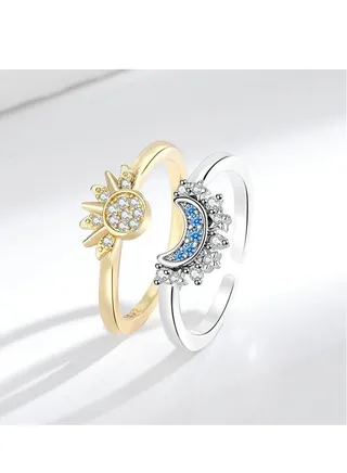 Pair of Personalized Simple Sun and Moon Rings Stacked Rings with Diamonds Couple Rings for Men and Women 