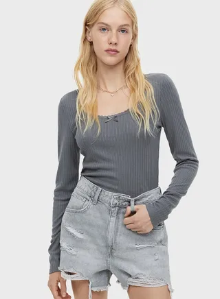 Crew Neck Ribbed Detail Top