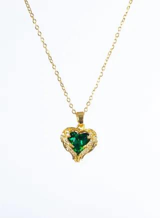 Stainless Steel Necklace Gold with Zirconic Winging Green Crystal Heart Pendant 