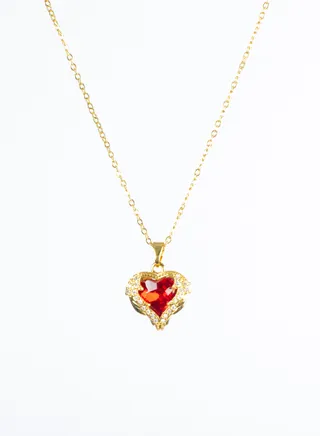Stainless Steel Necklace Gold with Zirconic Winging Red Crystal Heart Pendant 