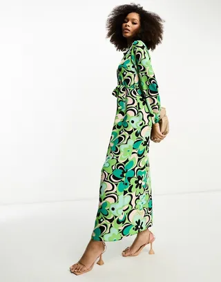 ASOS DESIGN tie front maxi shirt dress in large retro green floral print