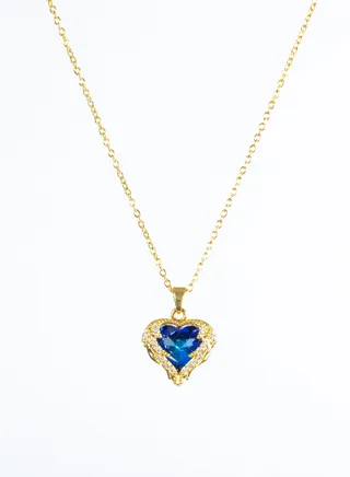 Stainless Steel Necklace Gold with Zirconic Winging Blue Crystal Heart Pendant 