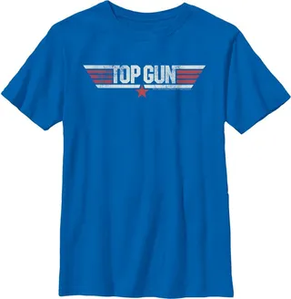 Boy's Top Gun Logo Distressed T-Shirt - Royal Blue - Large