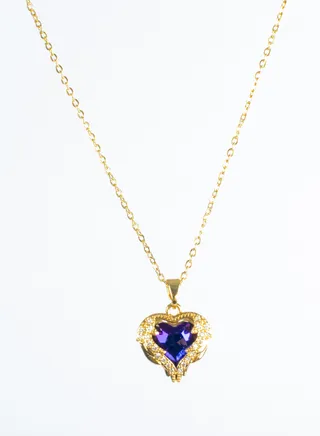 Stainless Steel Necklace Gold with Zirconic Winging Purple Crystal Heart Pendant 