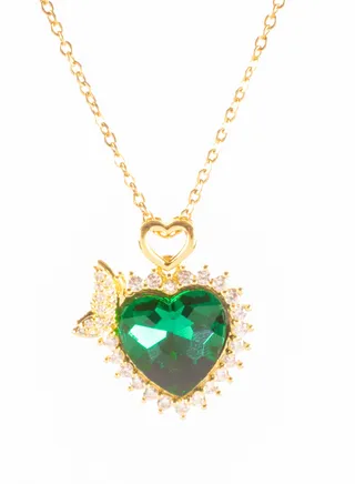 Stainless Steel Necklace Golden with a Zirconic Green Crystal Heart and Fish Tail Pendant 