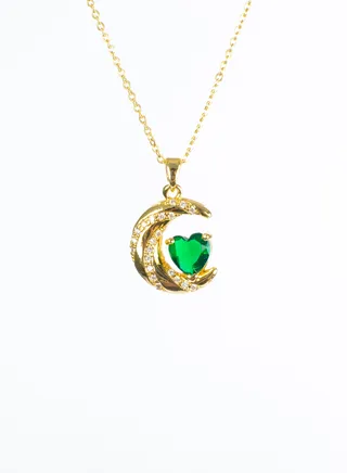 Stainless Steel  Necklace Gold with a Zirconic Cresent and Green Crystal Heart Pendant 