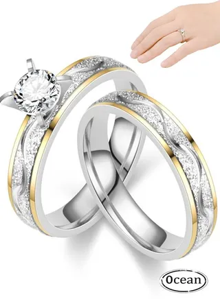 Gold Plated Titanium Steel Couple Ring Set, Fashionable And Versatile, With Shiny Cubic Zirconia Diamonds, Suitable As A Wedding Gift For Lovers 