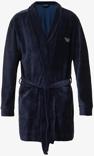 Mens Marine Rigato Logo-embroidered Ribbed Stretch-cotton Blend Robe