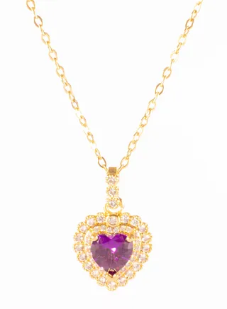 Stainless Steel Necklace Golden with a Purple Zircon Heart Pendant 
