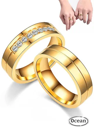 Gold Plated Titanium Steel Couple Ring, Electroplated Process, Decorated With Cubic Zirconia Diamonds, Fashionable And Classic, Suitable As A Couple Gift 