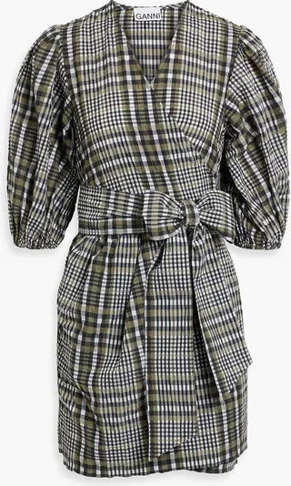 Gathered checked cotton-blend seersucker mini wrap dress