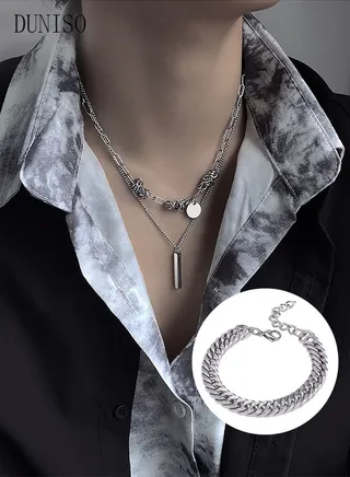Unisex Stainless Necklace and Bracelet Set Gift with Double Chains  Fashion Pendant Short Thick Chain Party Accessories 
