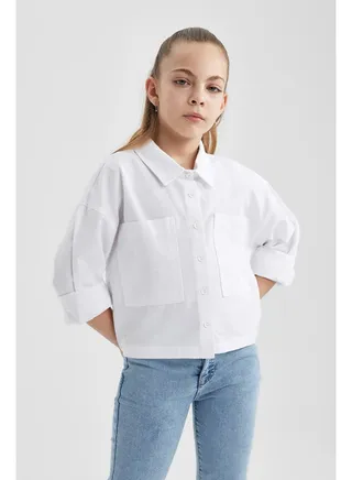 Girl Cropped Fit Woven Long Sleeve Shirt 