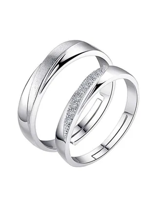 2-Piece Sterling Simple Shining Diamond Adjustable Open Couple Ring Set 