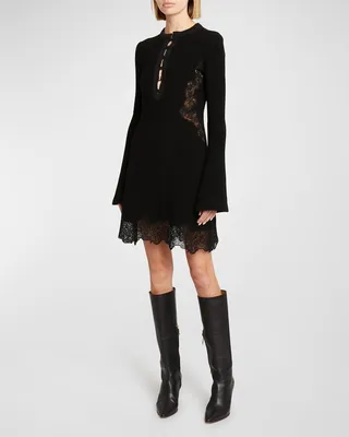 Lace Insert Flare-Sleeve Rib Short Dress