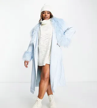ASOS DESIGN Curve faux leather belted coat with borg trim in blue