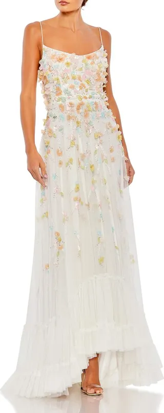Ruffle Lace-Up Back High-Low Tulle Gown
