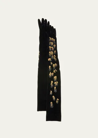 Long Velvet Embellished Ruched Gloves