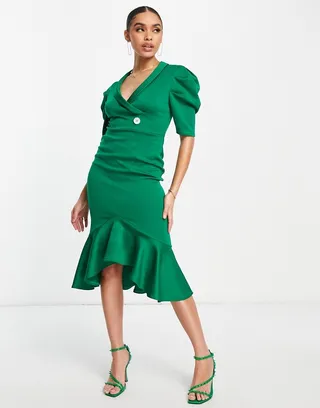 ASOS DESIGN puff sleeve tux midi dress in green