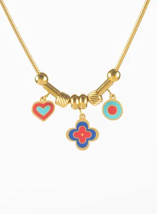 Colorful Clover Leaf & Heart Stainless Steel Golden Pendant Necklace 