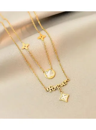 Double Layer Stainless Steel Necklace with Clover Leaf and Forever Pendant 