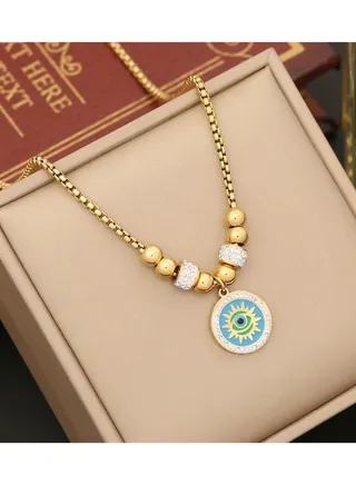 Stainless Steel Necklace Golden with Zirconic Blue Eye Pendant 
