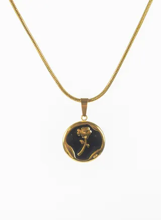 Stainless Steel Golden Necklace with a Rose Pendant Black 