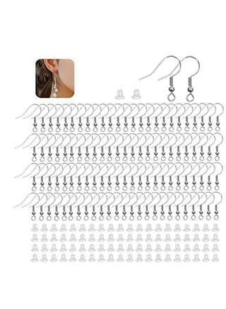 Silver Earring Hooks, Hypo-allergenic Jewelry Findings Parts Stainless Steel Earrings Wires with 100 PCS Clear Rubber Earring Backs for Jewelry Making DIY for Birthday, Other Holiday Gifts 