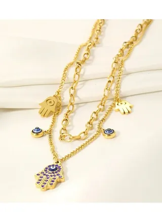Blue Zirconic Stainless Steel Hand & Blue Eye Pendants Necklace 