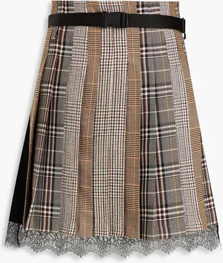 Crepe-paneled pleated checked tweed mini skirt