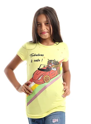 Driving Unicorn Front Print Tee - Yellow, Orange, Green & Black 