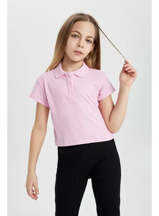 Girl Slim Fit Polo Neck Knitted Short Sleeve Polo T-Shirt 
