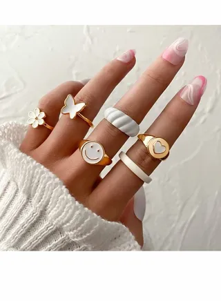 Cute Rings Set, Chunky Rings Jewelry Trendy Smiley Face Flower Heart Butterfly Rings Aesthetic Statement Stackable Rings, Lucky Face Rings for Couples, Gift for Women Men Girls, 6 PCS 