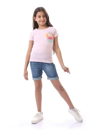 Girls Colorful Print Short Sleeves T-Shirt - Rose 