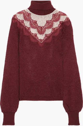 Two-tone lace-trimmed open-knit turtleneck sweater