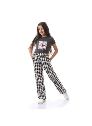 Girls Printed Daisy Cat  Summer T-Shirt - Heather Dark Grey 