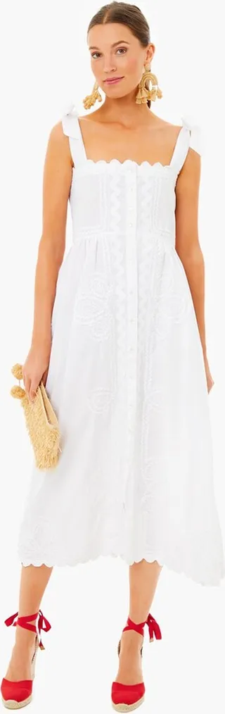 Exclusive White Poplin Ric Rac Tie Shoulder Dress