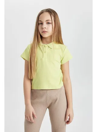 Girl Slim Fit Polo Neck Knitted Short Sleeve Polo T-Shirt 