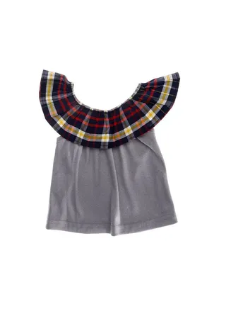 Plaids Ruffles Chest Girls Blouse - Grey, Navy Blue, Red & Yellow 