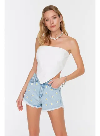 Blue Denim Embroidered Denim 100% Cotton Shorts & Bermuda TBESS22SR0392 