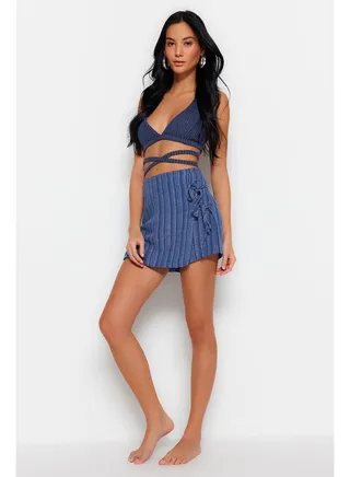 Blue Woven Tie Linen Blend Short Skirt TBESS23SR00044 