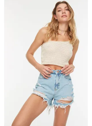 Blue High Waist Ripped Detailed Denim Shorts TWOSS22SR00030 