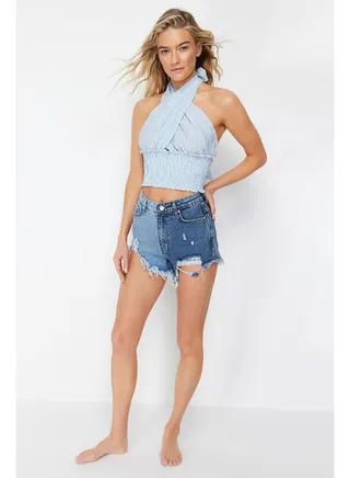 Blue Denim Color Block Denim 100% Cotton Shorts & Bermuda TBESS22SR0391 