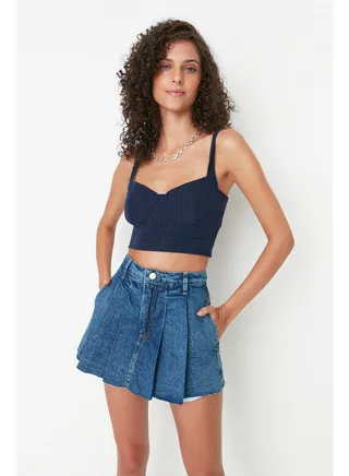 Blue Pleated Normal Waist Denim Shorts Skirt 