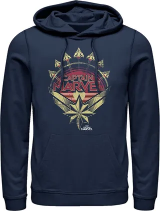 Men's Marvel Captain Marvel Retro Fighter Jet Plane Pull Over Hoodie - Navy Blue - Large