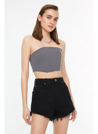 Tassel Detail High Waist Denim Shorts in Black TWOSS22SR0563 