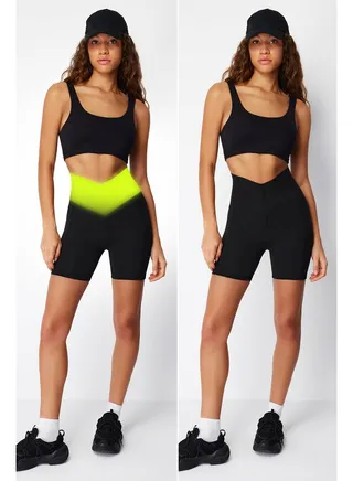 Black Extra Tightening Waist Knitted Sports Shorts Leggings THMSS24TY00014 