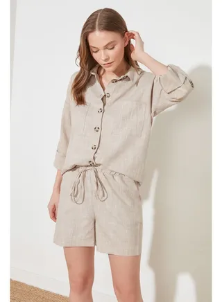 Stone Waist Adjustable Linen Look Woven Shorts TWOSS21SR0191 
