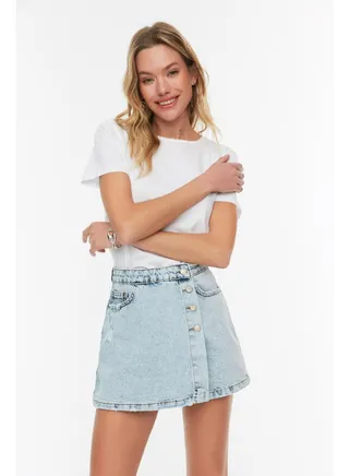 Blue Button Detailed High Waist Denim Short Skirt TWOSS22SR0448 
