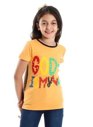 Front Printed Half Sleeves Girls Tee - Orange 